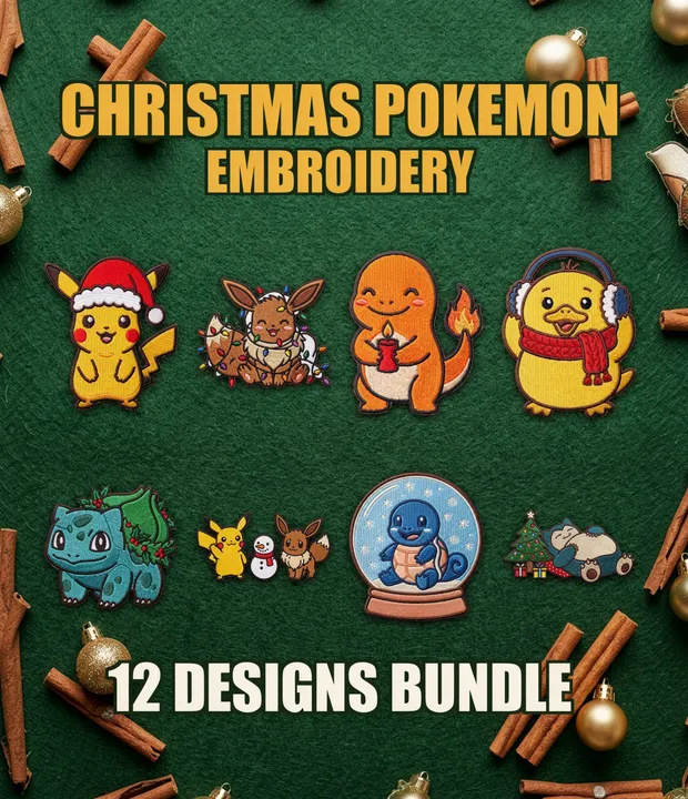Christmas character embroidery bundle on green felt