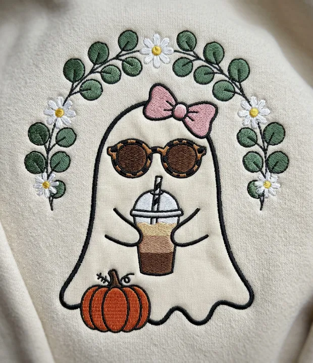Cozy ghost embroidery with sunglasses, coffee and autumn leaves
