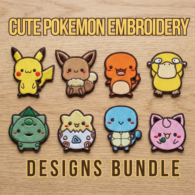 Cute character embroidery patch bundle arranged on wood