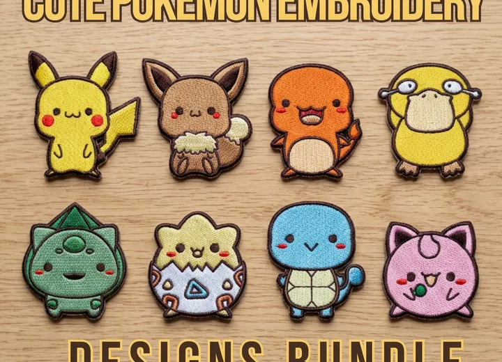 Cute character embroidery patches arranged on a wood surface