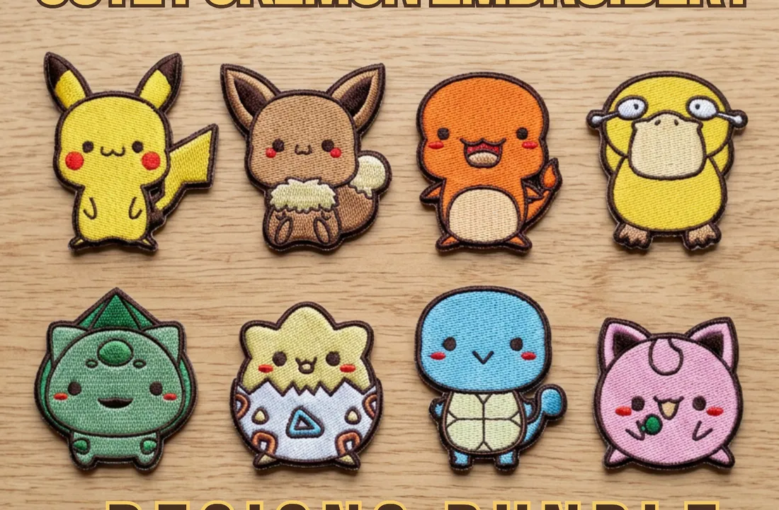 Cute character embroidery patches arranged on a wood surface