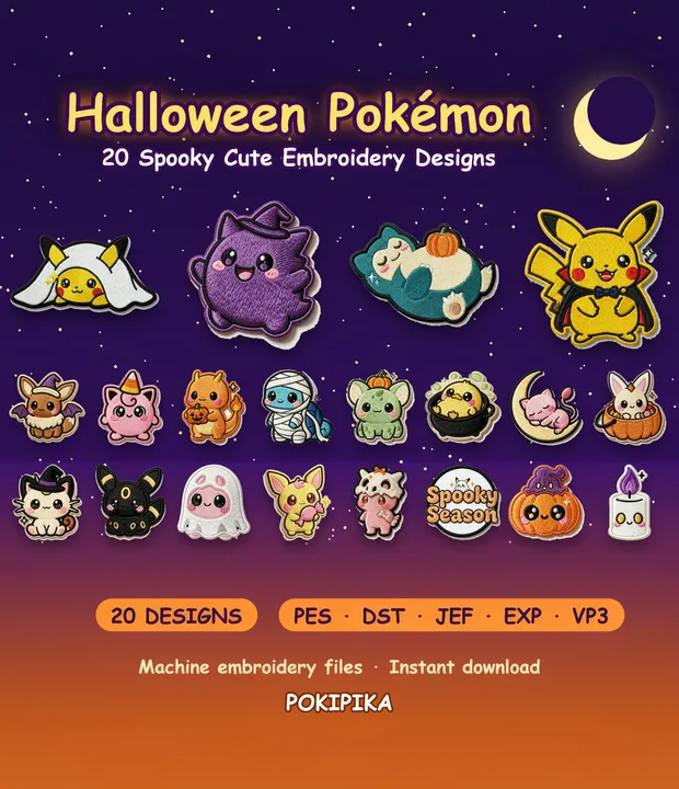 Halloween character embroidery bundle on a starry purple backdrop