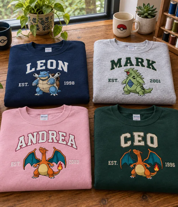 Four personalized college-style character sweatshirts