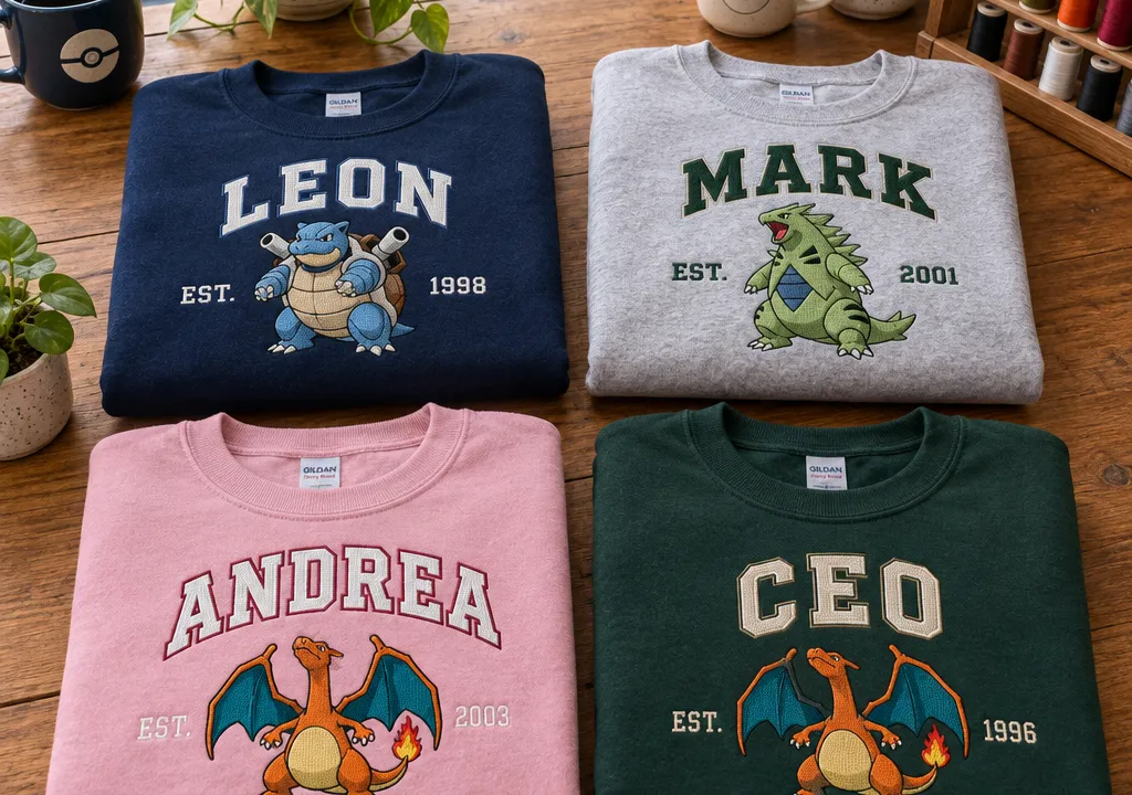 Four folded personalized character sweatshirts on a wooden table