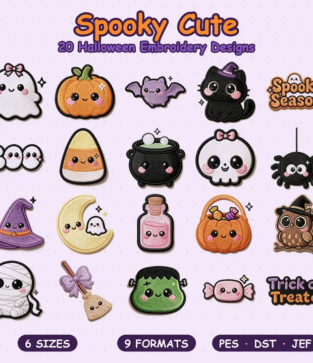Cute Halloween embroidery designs on a lavender background