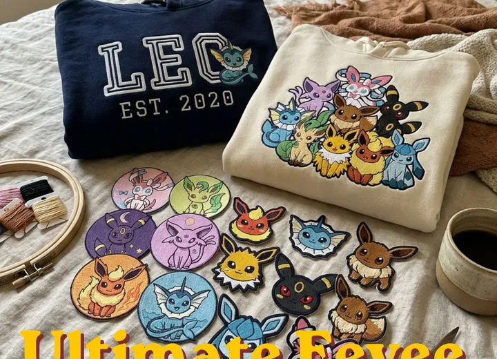 Embroidered character patches beside an embroidery hoop and folded sweatshirts