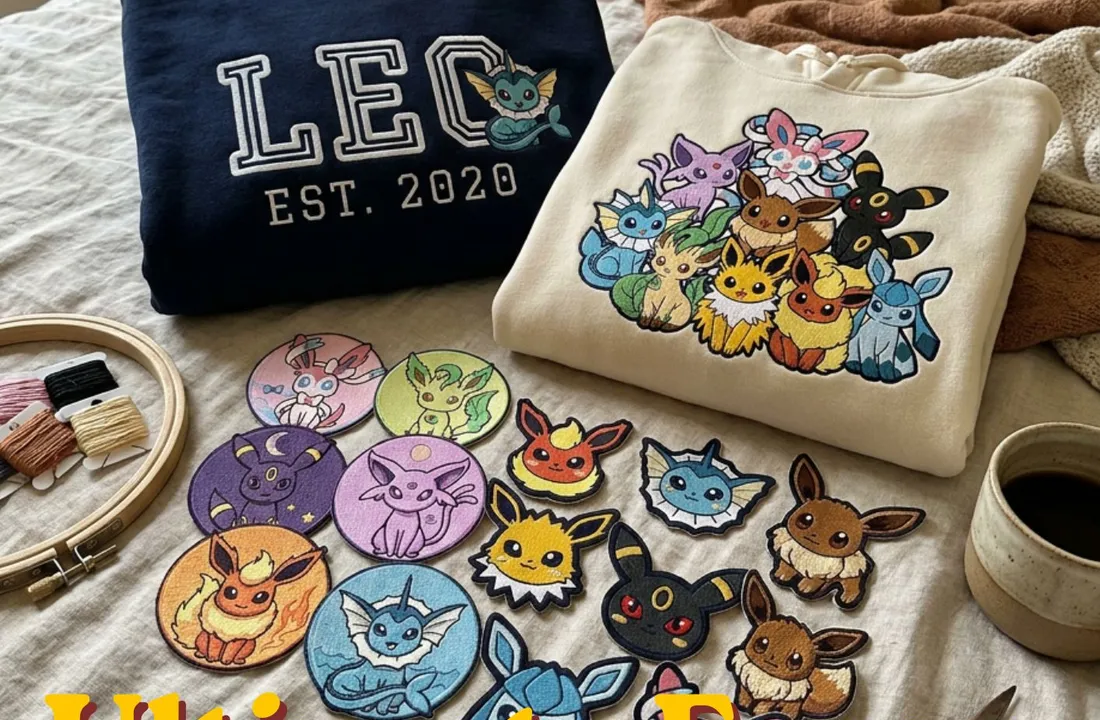 Embroidered character patches beside an embroidery hoop and folded sweatshirts