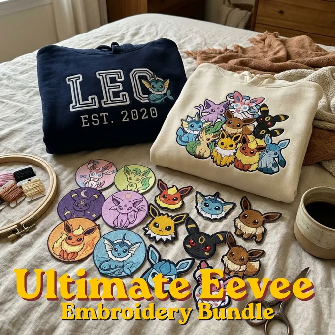 Eevee evolution embroidery displayed on sweatshirts and patches