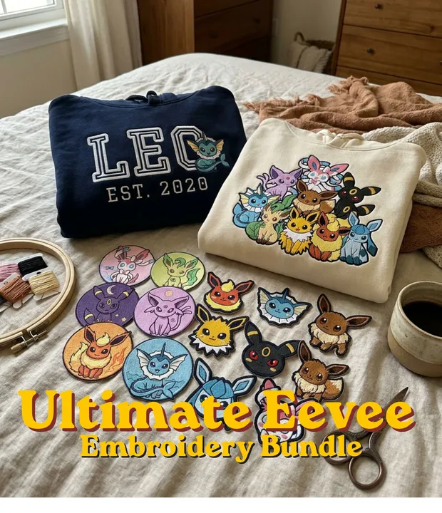 Eevee evolution embroidery bundle on cream and navy sweatshirts