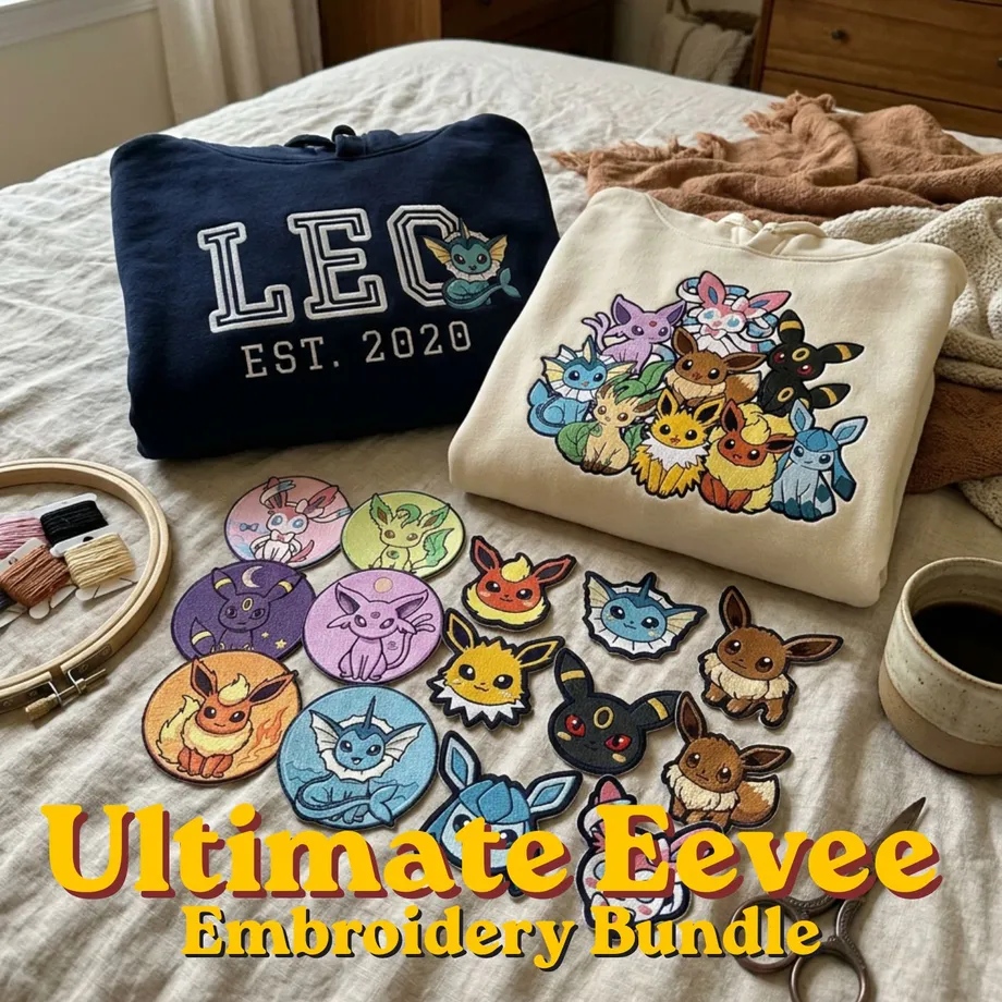 Eevee evolution embroidery displayed on sweatshirts and patches